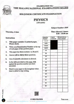 2024 MANEB JCE Physics Past Paper - Preview