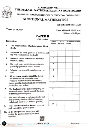 2024 MANEB MSCE Additional Mathematics Paper 2 - Preview