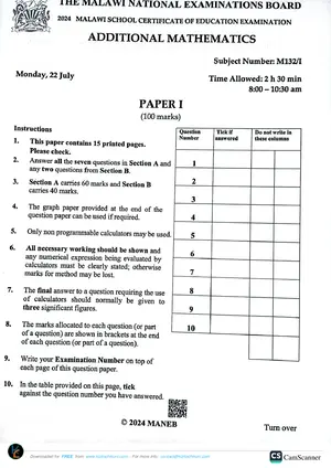 2024 MANEB MSCE Additional Mathematics Paper I - Preview