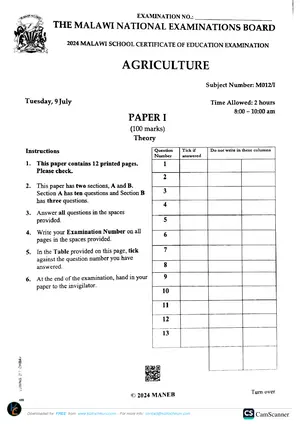 2024 MANEB MSCE Agriculture Paper 1 Past Paper - Preview
