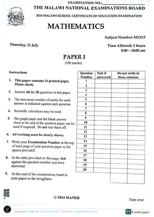 2024 MANEB MSCE Mathematics Paper I - Preview