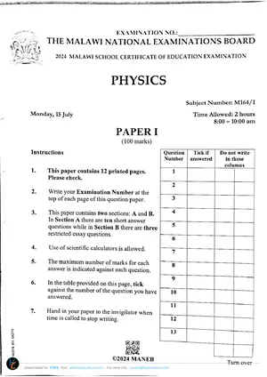 2024 MANEB MSCE Physics Paper I Past Paper - Preview
