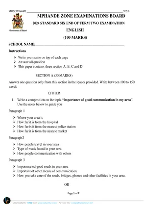 2024 MPHANDE Standard 6 Term 2 English Past Paper - Preview