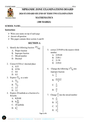 2024 MPHANDE Standard 6 Term 2 Mathematics Past Paper - Preview