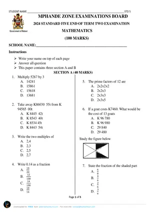 2024 MPHANDE ZONE Standard 5 Term 2 Mathematics Past Paper - Preview