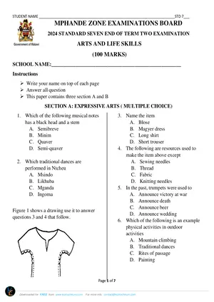 2024 MPHANDE ZONE Standard 7 Term 2 Arts and Life Skills Past Paper - Preview