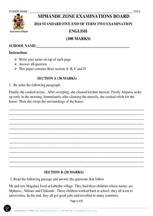 2024 MPHANDE ZONE Standard 7 Term 2 English Past Paper - Preview