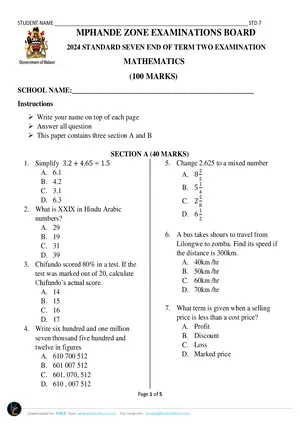 2024 MPHANDE ZONE Standard 7 Term 2 Mathematics Past Paper - Preview