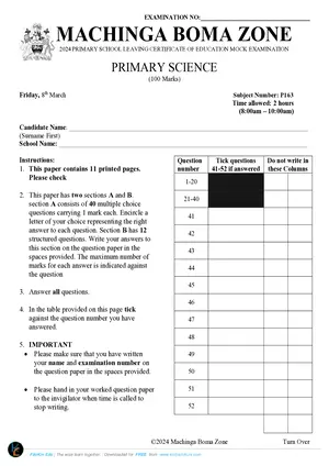 2024 Machinga Boma Zone PSLCE Primary Science Std 8 Mock - Preview