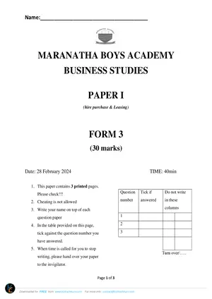 2024 Maranatha Form 3 Mid-Term Term 2 Business Studies Paper I Hire Purchase & Leasing Question Paper - Preview