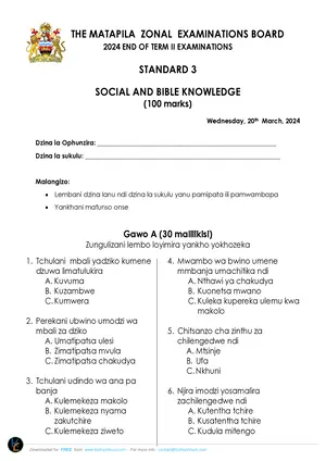 2024 Matapila Std 3 Term 2 Social and Bible Knowledge Past Paper - Preview
