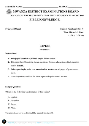 2024 Mwanza Cluster MSCE Bible Knowledge Paper I - Preview
