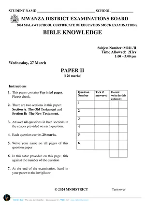 2024 Mwanza Cluster MSCE Bible Knowledge Paper II - Preview