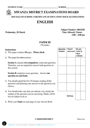 2024 Mwanza Cluster MSCE English Paper III - Preview