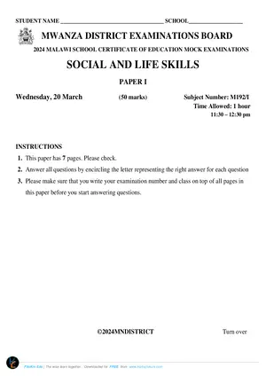 2024 Mwanza Cluster MSCE Social and Life skills Paper I Mock - Preview