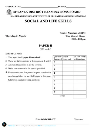 2024 Mwanza Cluster MSCE Social and Life skills Paper II Mock - Preview
