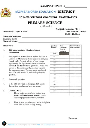 2024 Mzimba North PSLCE Primary Science - Preview