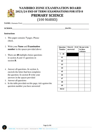 2024 Nambiro Standard 8 Term 1 Exams Primary Science - Preview