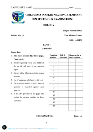 2024 Nankhunda MSCE Biology Paper 1 Mock - Preview