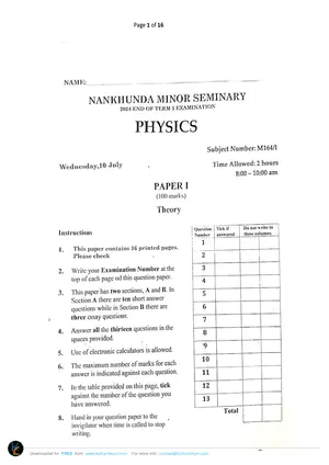 2024 Nankhunda Seminary Form 3 Term 3 Physics Paper I - Preview