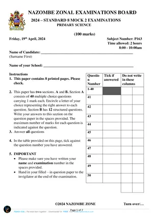 2024 Nazombe Zone PSLCE Std 8 Mock 2 Primary Science - Preview