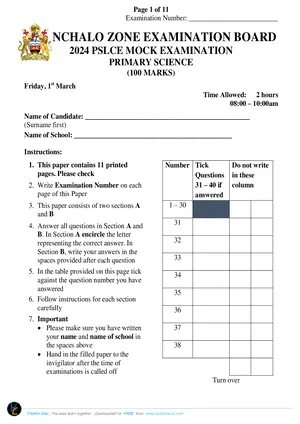 2024 Nchalo Zone PSLCE Primary Science - Preview