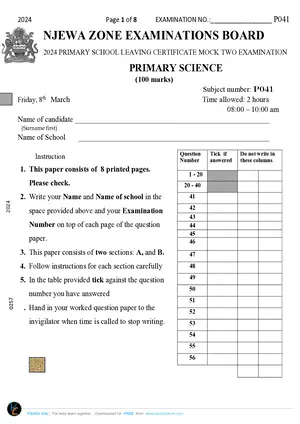 2024 Njewa Zone PSLCE Mock 2 Primary Science - Preview