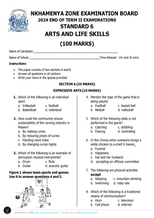 2024 Nkhamenya Standard 6 Term 2 Arts and Life Skills Past Paper - Preview