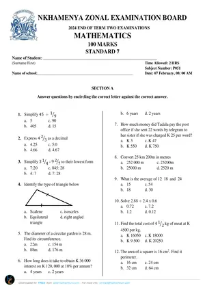 2024 Nkhamenya Standard 7 Term 2 Mathematics Past Paper - Preview