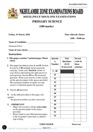 2024 Nkhulambe Standard 8 Mock 2 Primary Science - Preview