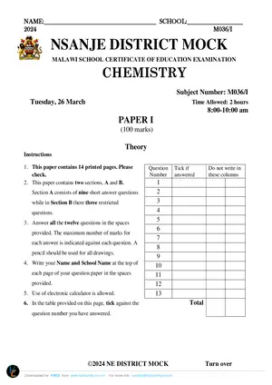 2024 Nsanje District MSCE Chemistry I - Preview
