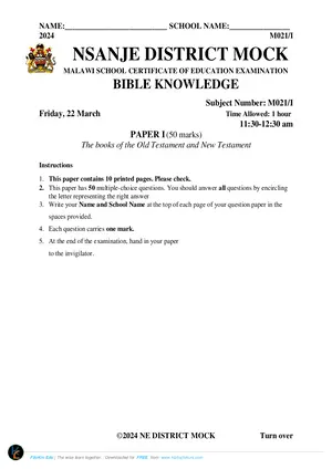 2024 Nsanje MSCE Bible Knowledge Paper I - Preview