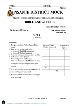 2024 Nsanje MSCE Bible Knowledge Paper II - Preview
