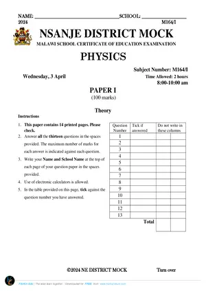 2024 Nsanje MSCE Physics Paper I Mock - Preview