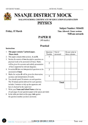 2024 Nsanje MSCE Physics Paper II Mock - Preview