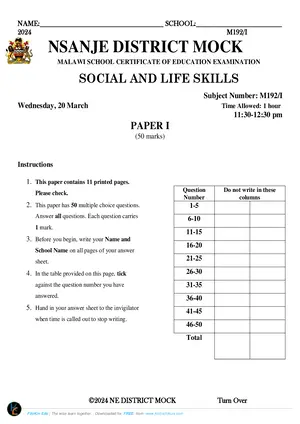 2024 Nsanje MSCE Social and Life Skills Paper I - Preview
