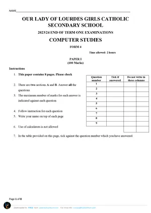 2024 Our Lady of Lourdes MSCE Computer Studies Paper I - Preview