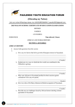 2024 Paulendo Youth (PAYEFO) Form 4 History Paper II African and World History - Preview