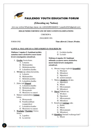 2024 Payefo JC Chichewa Form 1 Question Paper - Preview