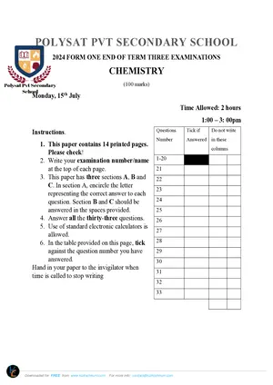 2024 Polysat Form 1 Term 3 Chemistry Past Paper - Preview