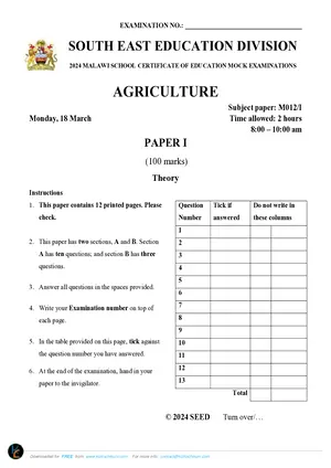 2024 SEED MSCE Agriculture Paper I Mock with Answers - Preview