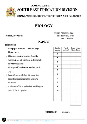 2024 SEED MSCE Biology Paper I Mock with Answers - Preview