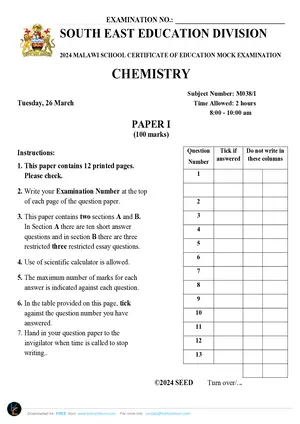 2024 SEED MSCE Chemistry Paper I Mock with Answers - Preview