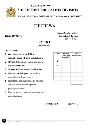 2024 SEED MSCE Chichewa Paper I Mock with Answers - Preview