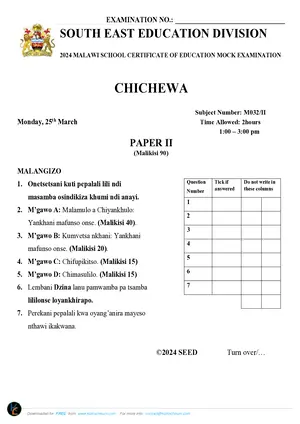 2024 SEED MSCE Chichewa Paper II Mock with Answers - Preview