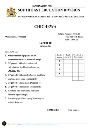2024 SEED MSCE Chichewa Paper III Mock with Answers - Preview