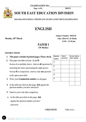 2024 SEED MSCE English Paper I Mock with Answers - Preview