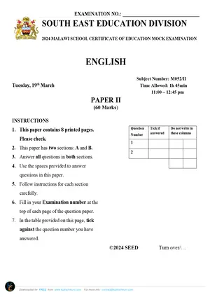 2024 SEED MSCE English Paper II Mock with Answers - Preview