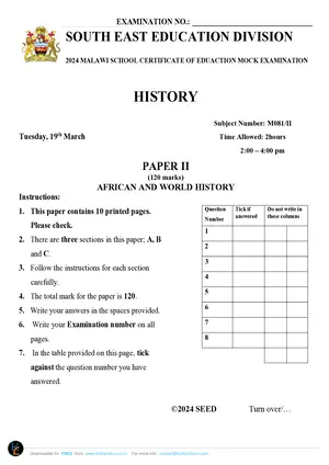 2024 SEED MSCE History Paper II Mock with Answers - Preview