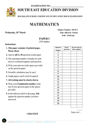 2024 SEED MSCE Mathematics Paper I Mock with Answers - Preview